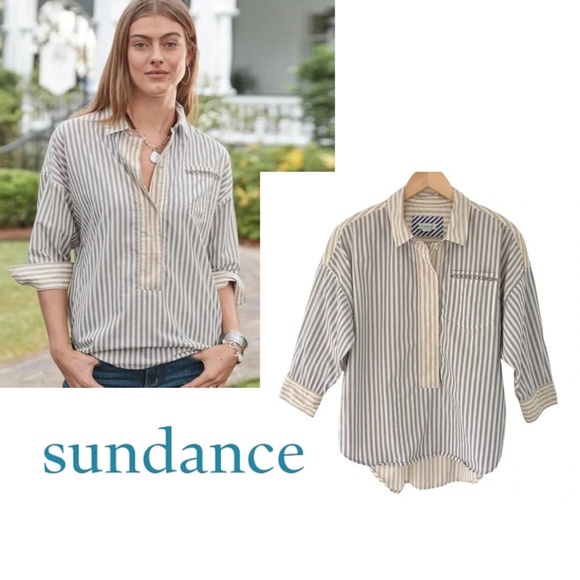 Sundance Shelby Pullover Shirt Multicolor Stripe Cotton Poplin | M - Picture 1 of 9